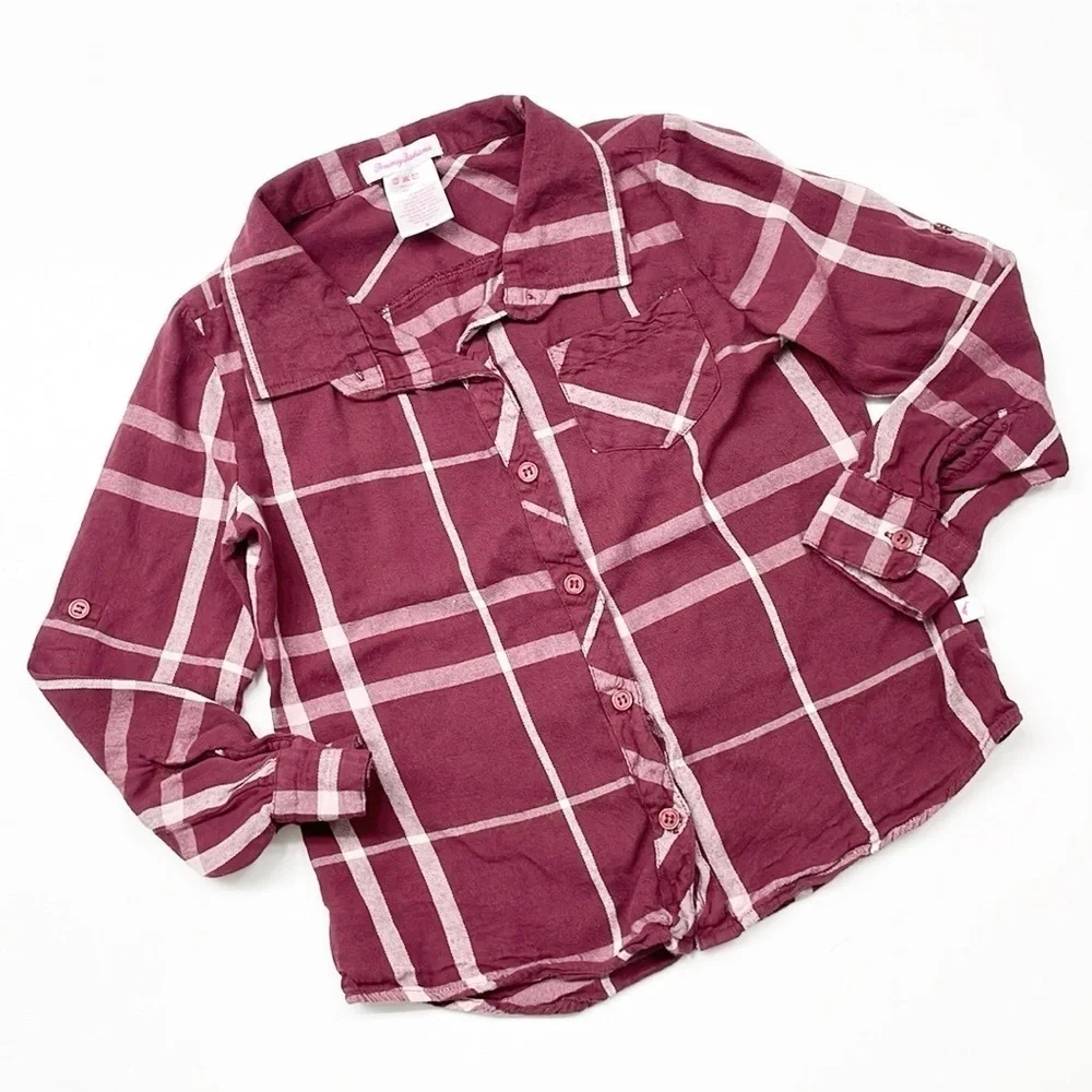 Tommy Bahama girls maroon plaid flannel long sleeve button down shirt